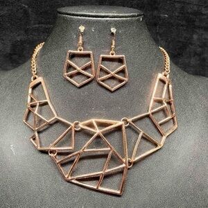 Rose Gold Tone Costume Jewelry Set Matching Necklace & Earrings Abstract Design